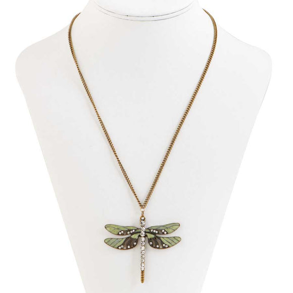 Burnished gold and green enamel crystal adorned dragonfly pendant on a gold tone chain.  Chain is 17