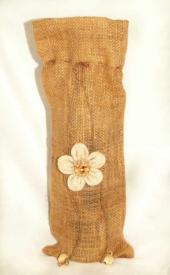 Burlap Wine Bag with Cream Flower on Front.  14