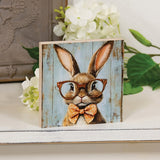 Bunny in Red Glasses Wooden Tabletop Block