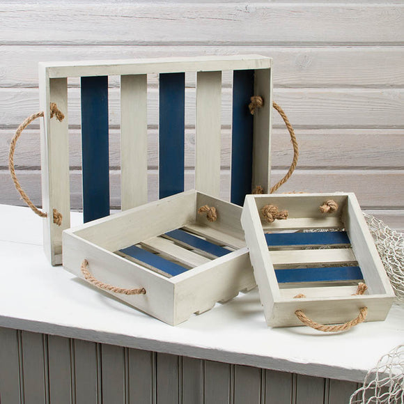 Blue and White Wooden Slat Tray Set