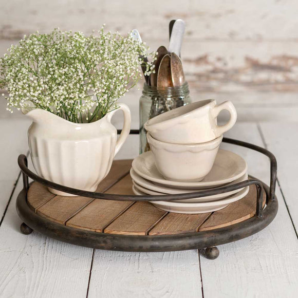 Round Wooden and Metal Serving Tray