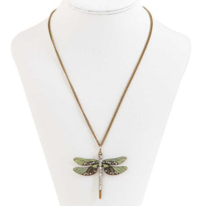 Burnished gold and green enamel crystal adorned dragonfly pendant on a gold tone chain.  Chain is 17"long with a 3" extender.  Pendant is 2/5" long and 2/25" wide.