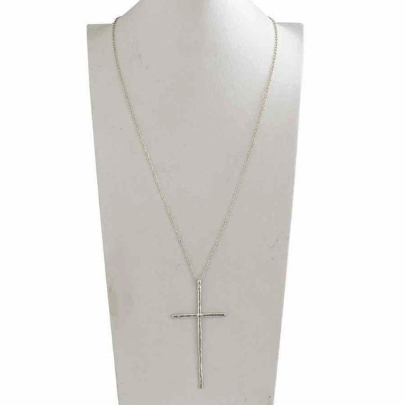 Elongated matte silver cross on a long silver chain.  Chain is 36