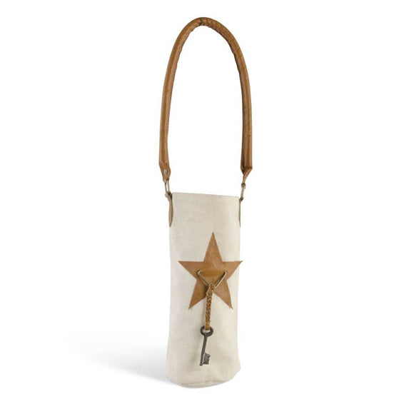 Cream Canvas Wine Bag With Leather Star and Handle Accents.