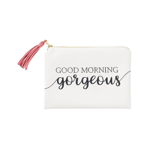 White zippered cosmetic bag with the words 