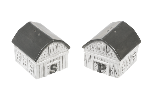 Gray and White Barn Shaped Salt and Pepper Shakers