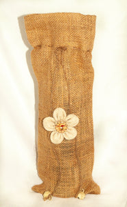 Burlap Wine Bag with Cream Flower on Front.  14" x 5"