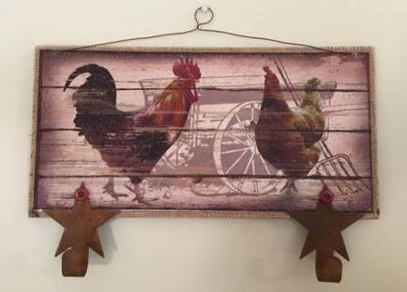 Wooden Pallet Sign Covered in Burlap with Chickens Painted On.