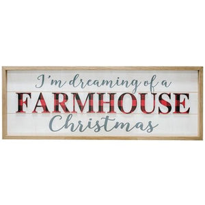 White Wooden Christmas Sign with "I'm Dreaming of A Farmhouse Christmas" Painted on In Green and Buffalo Check.