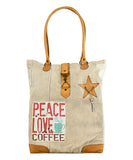 Peace, Love and Coffee tan canvas and leather tote.